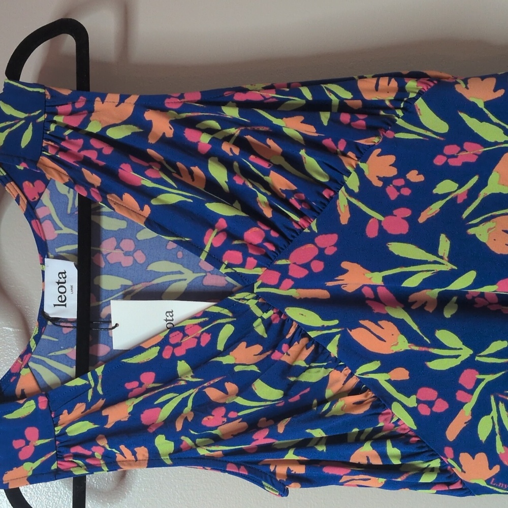 NWT LEOTA Blue and Pink Sleeveless V-Neck Sundress, size L - Picture 2 of 7